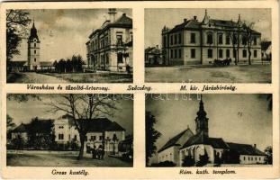 1932 Szécsény, Városháza, tűzoltó torony, járásbíróság, Gross kastély, római katolikus templom