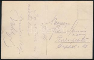 1916 Katonák és civilek ebédlőasztalnál Botosban (Bukovina), hátoldalon a fellengzős "így élünk...