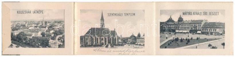 Kolozsvár, Cluj; Mátyás király szobor, Hirsch Lajos üzlete. Leporello 10 képpel / statue, shops. lep...