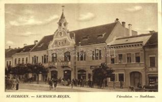 Szászrégen, Reghin; városház, Jakab üzlete. Ernst Philippi kiadása / town hall, shops