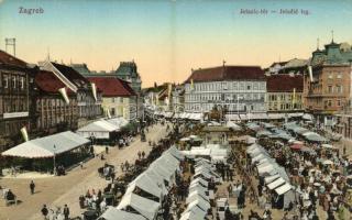 Zagreb, Zágráb; Jelacic tér, vásár, piac, magyar zászlók, Dr. Eugen Rado. Vasúti levelezőlapárusítás 58. 1915 / market square, Hungarian flags