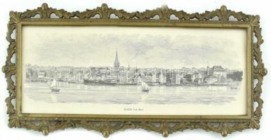 cca 1850-1900 Kiel látképe. Fametszet, papír, jelzés nélkül. Dekoratív, kissé kopott üvegezett réz keretben. 9,5x25,5 cm