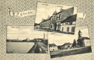 Zebrák, Hotel Jelen, Sokolovna, Námestí, rybnik / hotel, Sokol building, square, church, factory, mill. Art Nouveau