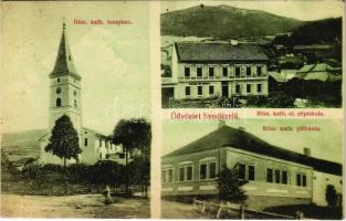 1911 Svedlér, Svedlár; Római katolikus templom, elemi iskola és plébánia. 7 L. Kiadja Szlovik Jenő / Catholic church, school and parish + "SZOMOLNOK - MARGITFALVA 108" vasúti mozgóposta bélyegző (EK)