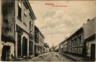 Homonna, Homenau, Humenné; Kossuth Lajos utca, Fonciere Biztosító Intézet fiókja, üzletek. Hossza Gyula kiadása / street view, insurance company, shops (fl)