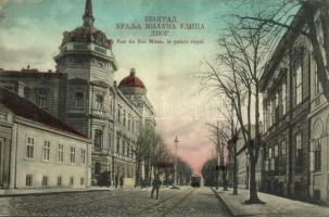 1911 Belgrad, Beograd; Rue du Roi Milan, le palais royal / street, palace, tram