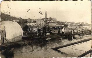 1916 Zimony, Zemun; Dunapart, kikötő, iparvasút, katonák / Danube riverside, port, soldiers, industrial railway. photo + &quot;K.u.K. Militär-Zensurkommission Újvidék&quot; (fl)