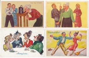 Pletyka - 4 db régi humoros képeslap: anyós és feleség