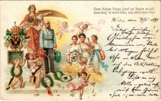 1848-1898 (Vorläufer) Dem Kaiser Franz Josef sei Segen zu teil dass lang' er noch lebe, uns allen zum Hail! / Ferenc József uralkodásának 50. évfordulója / Franz Joseph's 50th anniversary of reign. Art Nouveau, floral, litho (Rb)