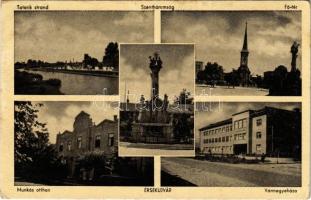 1940 Érsekújvár, Nové Zámky; Tatarik strand, Szentháromság szobor, Fő tér, Munkás otthon, Vármegyeháza / beach, Holy Trinity column, main square, workers home, county hall (EK)