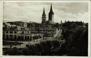 1939 Zsolna, Sillein, Zilina; látkép, Plébániatemplom, üzletek / general view, parish church, shops (EK)