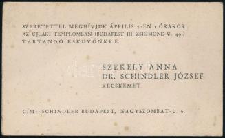 cca 1930 Székely Anna és Schindler József esküvői meghívója