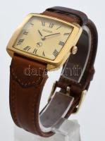 JAEGER férfi karóra, Favre-Leuba szerkezettel, 1960 körül, aranyozott tok, kopott, bőr szíjjal, műkö...