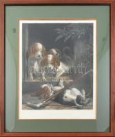 Samuel John Carter (1835-1892) festménye után, Alfred Lucas (1841-1886) metszés: Kiskutyák (The first taste). Színes litográfia, papír, jelzett a litográfián. Üvegezett fa keretben. 58x47 cm