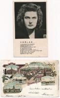 4 db RÉGI képeslap vegyes minőségben: Keszthely litho, Balatonboglár, Karády Katalin