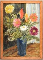Gy.Vad Erzsébet (1925-2012): Virágcsendélet. Olaj, farost, jelzett. Fa keretben, 70x50 cm