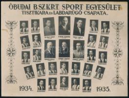 1935 Óbudai BSZKRT Sport Egyesület tisztikara és labdarúgó csapata tablófotó, 16,5×21,5 cm