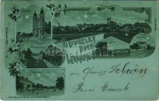 1901 Nagylévárd, Velke Levare; templom, vasútállomás, ménes, Hubertinum és Fő utca, Gróf Wenckheim kastély / church, railway station, stud, castle, main street. Schwidenorch Károly Art Nouveau, floral, litho (EK)