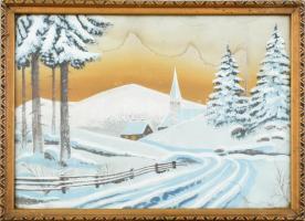 Jelzés nélkül: Téli havas táj. Tempera, papír, foltos. Üvegezett fa keretben. 25x34,5 cm
