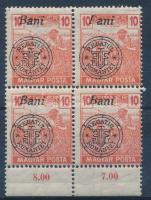 Nagyvárad 1919 Arató 10f ívszéli 4-es tömbben, a jobb felső bélyeg felülnyomásán a "B" betű hiányos, Bodor vizsgálójellel