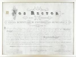 1909 Lengyel Árpád (1886-1940) orvos, a Titanic tragédiájának idején az RMS Carpathia hajóorvosaként részt vett a mentésben, díszes diplomája, Pázmány Péter Egyetem, Sághy Gyula (1844-1916) rektor és Preisz Hugó (1860-1940) autográf aláírásaival, 3 korona okmánybélyeggel, rajta fölülbélyegzés pecséttel, hajtásnyomokkal, gyűrődésekkel. Üvegezett fa keretben. 47x65 cm. A mentésben kulcsszerepe volt, a Carpathiára érkező túlélőket ő fogadta, amikor beemelték a hajótörötteket. Lengyel Árpád unokájának elmondása alapján a Titanic hajótöröttjeinek a kimentése hatalmas lelki megrázkódtatást jelentett neki, később sem szívesen beszélt róla egy-két szakmai felkérést kivéve. Többet nem szállt tengerre. / 1909 Diploma of physician Árpád Lengyel (1886-1940), ships medical officer of the RMS Carpathia at the time of the sinking of the RMS Titanic. He played a key role in the salvage operation, welcoming the survivors on board the Carpathia. Later he very seldom talked about the tragedy, as it was a huge emotional shock for him. Árpád Lengyel never set sail again. In his memoirs, Árpád Lengyel wrote: We could hardly cope with all the work and consolation. It was horrible to see all these people, women screaming for their husbands and children who were lost before their eyes, and here and there lonely children who had lost their parents. We comforted the poor with sobbing hearts... It was a very sad journey back (to New York), with only weeping and wailing everywhere.... Paper with some creases. Framed. 47x65 cm