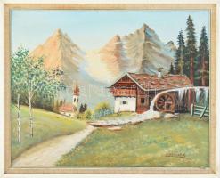 J. Vasicek jelzéssel: Alpesi táj. Olaj, farost. Kissé kopott keretben. 38x48,5 cm.