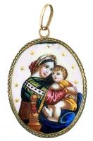 Arany (Au) 14 K Szűz Mária porcelán medál, jelzés nélkül, sérüléssel, bruttó: 2,6 g
