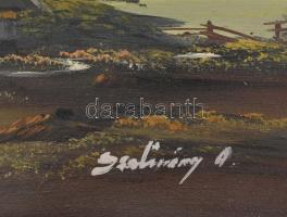 Olvashatatlan jelzéssel: Hegyvidéki táj. Olaj, vászon, kissé sérült. Dekoratív, sérült fa keretben, ...