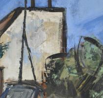 Makra János (1920-1991): Öreg házak. Olaj, farost, jelzett. Hátoldalon autográf felirattal és Képcsa...