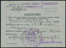 1941 Gyöngyös, M. Kir. 20. Honvéd Tábori Tüzérosztály tagjának a Keletmagyarország és Erdély egy részének felszabadulása emlékére alapított Erdélyi Emlékérem viselésére jogosító igazolványa.