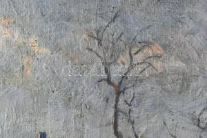 Király Jenő (1885-1958): Napsütötte tanya. Olaj, vászon, jelzett, kissé sérült. Hátoldalon töredékes...