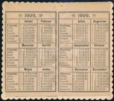 1909-es kétoldalas kártyanaptár, díszesen illusztrált borítón 'Boldog új évet kíván a házfelügy...