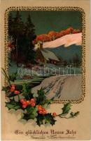 1909 Ein glückliches Neues Jahr / New Year greeting art postcard, winter landscape. Emb. litho