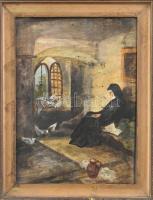 E. Weber jelzéssel: Galambokat etető apáca. Olaj, falemez. Dekoratív, sérült fa keretben. 23×17 cm.