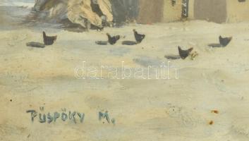 Püspöky M jelzéssel: Behavazott tanya. Olaj, karton. Dekoratív, üvegezett fa keretben. 15,5×23,5 cm