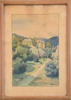 Olvashatatlan jelzéssel: Park a hegyek közt, 1916. Akvarell, tus, papír, foltos. Dekoratív, üvegezett fa keretben. 28×19 cm.
