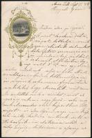 1869 Mariazell Gasthof zu Goldenen Hirschen fejléces levélpapír, a fejlécen a fogadó metszetével díszes, aranyozott medalionban, rajta kézzel írt levéllel, 21x13 cm
