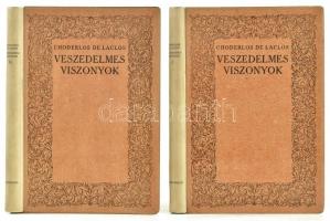 Choderlos de Laclos, [Pierre Ambroise François (1741-1803)]: Veszedelmes viszonyok I-II. kötet. Levelek, amelyeket egy társaságban összegyüjtöttek és némely más társaságok okulására közrebocsátottak. Ford.: Benedek Marcell. Nagy írók, nagy írások második sorozat 2. Bp.,(1921), Genius, 251; 240 p. Kiadói díszes fatáblás félbőr-kötés,Gottermayer-kötés, jó állapotban.   , Weiss L. és F. nyomdája Sorbonne-típusú betűivel összesen 1500 számozott példányban nyomtatta 1921 októberében. Ebből az első 300 példány merített papíron készült I-XXV-ig amatőr könyvgyűjtők részére egész bőrkötésben, a 26-tól 300-ig számú példányokat fénylemez kötésben hozta forgalomba a kiadó. Számozott (221./1500) példány. Első magyar kiadás.  A könyvből készült azonos című, nagy sikerű Oscar-díjas (legjobb forgatókönyv,legjobb látványterv és legjobb jelmezterv) film is. Rendkívül színvonalas színészi produkciókkal, köztük a főszerepekben Glenn Close, Michelle Pfeiffer,John Malkovich, valamint Keanu Reeves, és Uma Thurman.