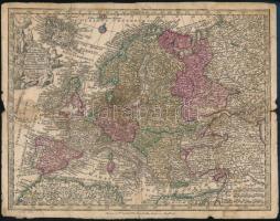 cca 1740 Matthäus Seutter (1678-1757): Europa religionis christianae morum et pacis ac belli artium cultu omnium terrarum orbis partium praestantiss, Augsburg, szakadt, sérült, hiányos, foltos, körbevágott, kézzel színezett rézmetszet, későbbi 1840-1860 kr. papírra kasírozva, 19,5x26 cm