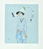 Olvashatatlan jelzéssel: Hölgy tollas kalapban. Filctoll, ceruza, papír, vékony kartonra kasírozva. 24,5×21 cm