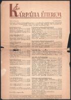 cca 1957 Kárpátia étterem 1957.VI.1. étlapja, sérült + kb. 10 db Kárpátia reklám nyomtatvány és terv