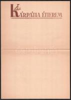cca 1957 Kárpátia étterem 1957.VI.1. étlapja, sérült + kb. 10 db Kárpátia reklám nyomtatvány és terv