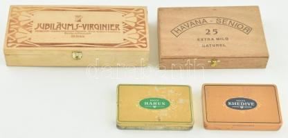 Virginia szivardoboz 23x10x4cm, Havana szivardoboz 17x11x3cm, 2db fém cigarettás doboz (Khedive, Harun) 11,5x7,5x1,5cm