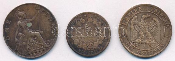 Vegyes: Franciaország 1861A 10c Br "III. Napóleon" + 1889A 5c Br + Nagy-Britannia 1908. 1p...