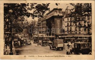1935 Paris, Porte et Boulevard Saint-Martin / street view, tram, automobiles, gate (tear)
