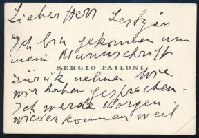Sergio Failoni (1890-1948) olasz karmester saját kezű német nyelvű sorai névjegykártyáján, saját kezű aláírásával, 6x8 cm