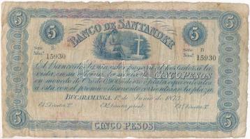 Kolumiba / Santander Bank 1873. 5P B 15930, hátlapon felülbélyegezve T:III- Colombia / Banco de Santander 5 Pesos B 15930 overprint on backside C:VG