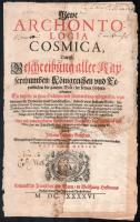 1646 Merian: Archontologia Cosmica c. könyvének sérült címlapja és a kontinensek allegorikus ábárzolását bemutató rézmetszetű címképe. 30x18 cm