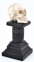 Memento Mori asztalidísz, műanyag koponya, fa talpazat, kopott, m:13cm