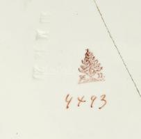 Szecessziós fajansz betétes fém tálca, kopott, sérült, 25,5x14cm